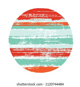 Abrupt teal red circle vector geometric shape with stripes texture of ink horizontal lines. Planet concept with old paint texture. Stamp round shape logotype circle with grunge stripes background.