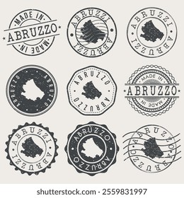 Abruzzo, Italy Set of Stamps. Country Travel Marks. Made In Product. Design Seals Old Style Insignia.