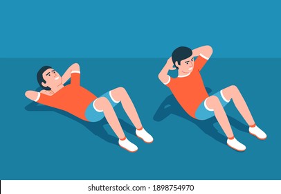 Abs exercise - crunch on the floor. Home Workout. Vector isometric illustration.