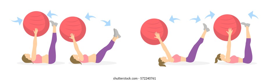 Abs exercise for fat women on white background. Crossfit and fitness. Workout on fit ball. From fat to skinny.