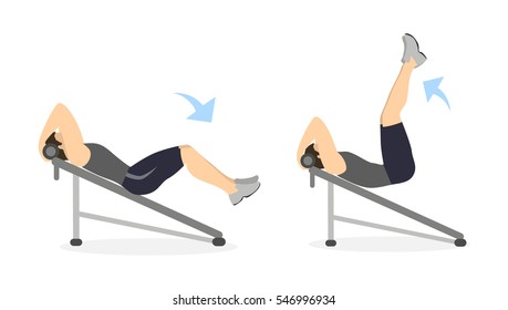 Abs exercise for men on white background. Crossfit and fitness. Workout on bench.