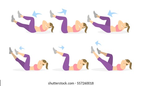 Abs exercise for women on white background. Crossfit and fitness. Crunches. From fat to skinny.