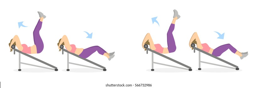 Abs exercise for women on white background. Crossfit and fitness. Workout on bench. Exercise for fat women. From fat to skinny.