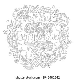 ABS are great but have you tried donut - adult coloring page illustration with funny pun lettering phrase. Donuts and sweets themed design. Flat style vector illustration.