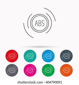 ABS icon. Brakes antilock system sign. Linear icons in circles on white background.