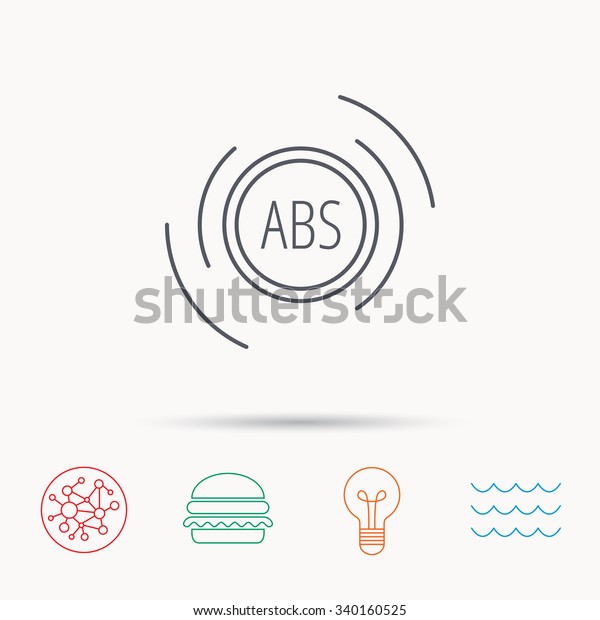 ABS icon.
Brakes antilock system sign. Global connect network, ocean wave and
burger icons. Lightbulb lamp
symbol.