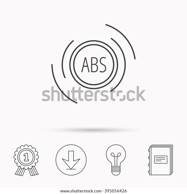 ABS icon. Brakes antilock system\
sign. Download arrow, lamp, learn book and award medal\
icons.