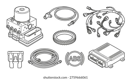 ABS system pump module sensors wiring harness fuse and control unit for car braking system vector illustration.