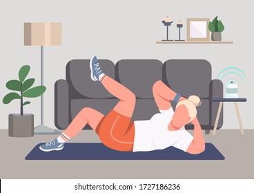 Abs training flat color vector illustration. Sportswoman working out 2D cartoon character with living room on background. Workout at home, domestic fitness. Abdominal muscles training