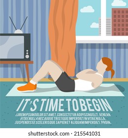 Abs Training Woman At Home Sport Fitness Lifestyle Time To Begin Poster Vector Illustration