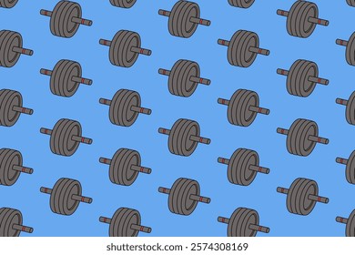 abs wheel fitness gym colorful pattern on blue background. doodle push up bar handle object symbol seamless pattern background. abs wheels bar handle seamless pattern for fitness decor and merchandise