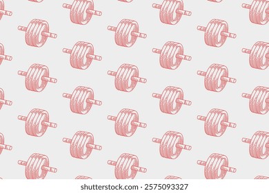 abs wheel fitness gym doodle seamless pattern on grey background. push up bar handle engraving line art pattern wallpaper. retro abs wheels bar handle background for boxing sport decor and merchandise