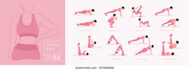 Abs Workout exercise Set. Women doing fitness and yoga exercises. 