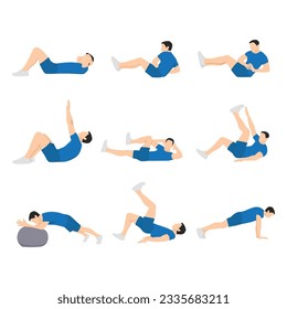 ABS workout for men. Sport exercise for perfect abs. Fit body and healthy lifestyle. Muscle training. Flat vector illustration isolated on white background