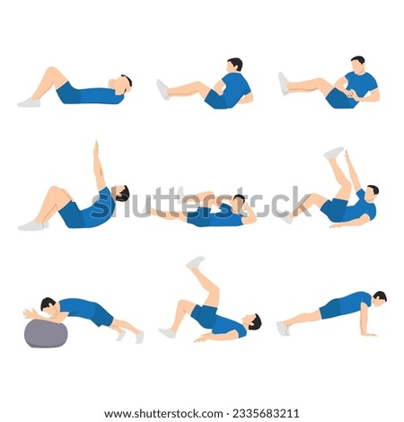 ABS workout for men. Sport exercise for perfect abs. Fit body and healthy lifestyle. Muscle training. Flat vector illustration isolated on white background