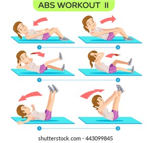 Abs Workout no.2. Six pack workout at home. Easy exercise Program. Cartoon character of beauty women concept.