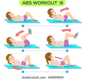 Abs Workout no.3. Six pack workout at home. Easy exercise Program. Cartoon character of beauty women concept.