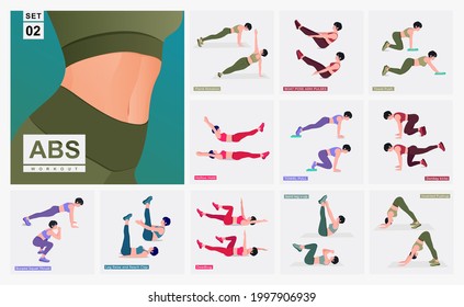 Abs Workout Set. Women doing fitness and yoga exercises.