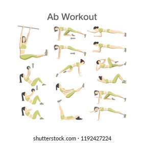 ABS workout for women. Sport exercise for perfect abs. Fit body and healthy lifestyle. Muscle training. Isolated vector illustration