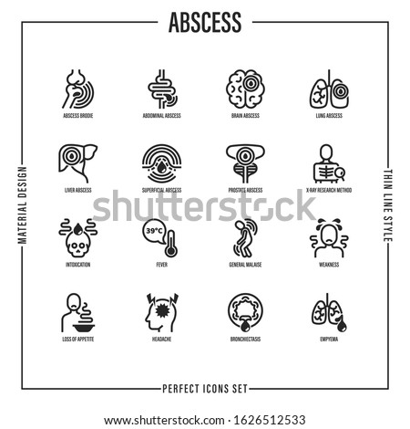 Abscess thin line icons set. Joint, abdominal, brain, intestine, lung, liver, superficial abscess, x-ray research method, intoxication, fever, general malaise, empyema. Vector illustration.