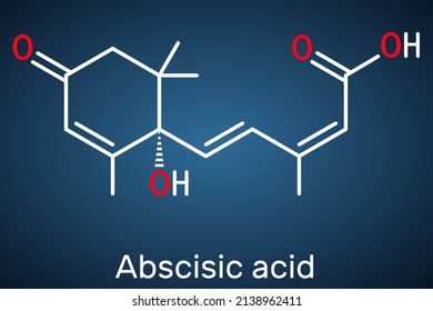 Abscisic acid, ABA  molecule. It is dormin, plant hormone. Structural formula on the dark blue background. Vector illustration