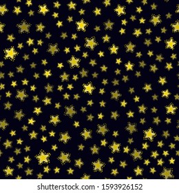 Absctract Nordic Pattern With Stars On Night Sky For Decoration Interior, Print Posters, Greating Card, Bussines Banner, Wrapping. Seamless Vector Black Pattern With Yellow Stars.