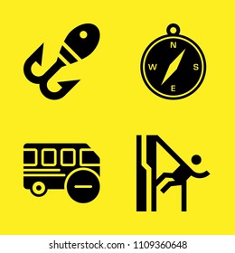 abseiling, fishing, compass with cardinal points and bus vector icon set. Sample icons set for web and graphic design