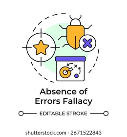 Ícone de conceito de falácia de erros em várias cores. Análise de bugs. Estratégia de desenvolvimento, meta. Ilustração de linha de forma redonda. Ideia abstrata. Design gráfico. Fácil de usar em infográfico, apresentação