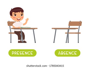 Absence And Presence Antonyms Word Card Vector Template. Flashcard For English Language Learning. Opposites Concept. Little Boy Sits At A School Desk, Absences At School. Illustration With Typography