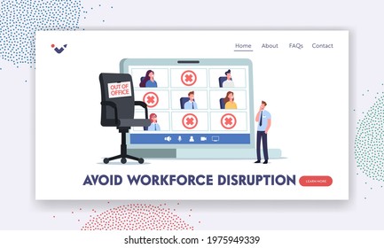 Absence Work Management Landing Page Template. Tiny Company Boss Character Stand at Huge Laptop with Employees Out of Office. Sick Leave or Vacation Absence Concept. Cartoon People Vector Illustration