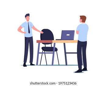 Absence Work Management, Sick Leave Or Vacation Absence Concept. Company Boss Character Stand At Empty Office Desk With Laptop And Armchair. Employees Out Of Job. Cartoon People Vector Illustration