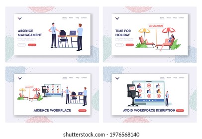 Absence Workplace Landing Page Template Set. Upset Company Boss Character at Empty Desk in Office, Employees Relaxing on Holidays Vacation. Workers Missing Job. Cartoon People Vector Illustration