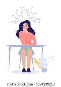 Absent minded woman. Person think about many things. Problem with concentration. Isolated flat vector illustration