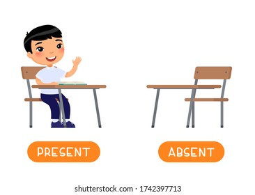 Absent and present antonyms word card vector template. Flashcard for english language learning. Opposites concept. Asian little boy sits at a school desk, absents at school. 