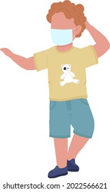 Absent-minded child with face mask semi flat color vector character. Full body person on white. Forgetful male kid isolated modern cartoon style illustration for graphic design and animation