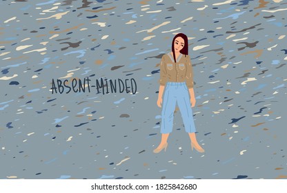 Ausente. Título del término de psicología, síntoma de mal estado mental. Mujer molesta. Fondo gris con un patrón. Ilustración del vector