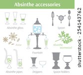 Absinthe accessories vector illustration icons set. Glass, spoon, drippers, fountain, pipes, spoon holders, anise seeds and absinthe wormwood
