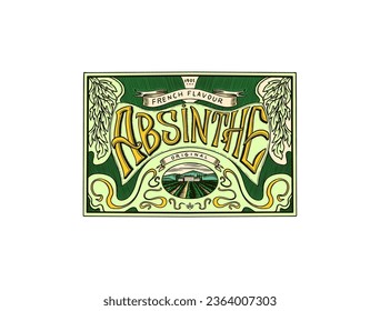  Absinth Alkohol. Label für Retro-Poster. Die handgezeichnete Vintage-Skizze wird graviert. Holzschnitt-Stil