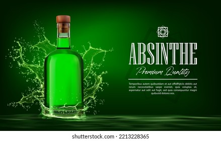 Absinar la botella de licor de alcohol sobre fondo de salpicaduras verdes, pancarta de bebidas de barra vectorial. Absinar el frasco transparente de vidrio con vertido verde o flujo de gotas, marca de licor de alcohol o afiche publicitario de producto