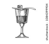 Absinthe alcohol narcotic drink engraving vector illustration. Scratch board style imitation. Black and white hand drawn image.