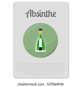 Absinthe alcohol. Sticker with bottle and description vector illustration.