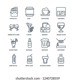 Absinthe, Alcoholic drink, Apple juice, Baby bottle, Bartender, Chocolate, Brindis with wine glasses, Bloody mary, Brewery outline vector icons from 16 set