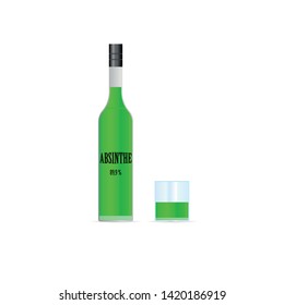 absinthe bottle with glass illustration on white