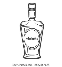 Absinthe bottle with label and strong form in doodle outline style. Hand drawn alcohol drink element. Vector illustration for menu, packaging, or bar design.