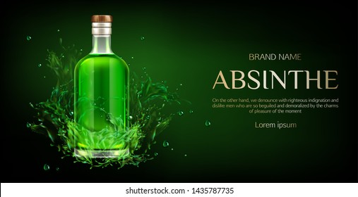 Absinthe Bottle Mock Up Banner, Blank Glass Flask With Green Liquid Mockup, Strong Alcohol Drink On Dark Background With Liquid Splash And Drops, Advertising Design. Realistic 3d Vector Illustration