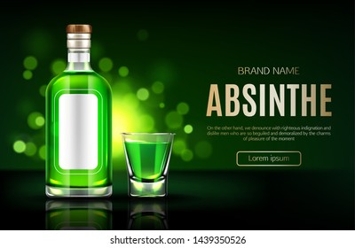 Absinthe bottle and shot glass mock up banner, blank flask with green liquid mockup, strong alcohol drink on dark blurred background advertising poster template design Realistic 3d vector illustration