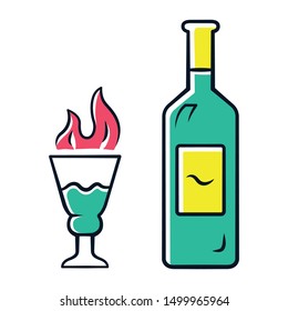 Absinthe green color icon. Bottle and tall footed glass with flaming shot. Distilled highly alcoholic beverage. Herbal liquor. Alcohol bar drink, booze. Isolated vector illustration