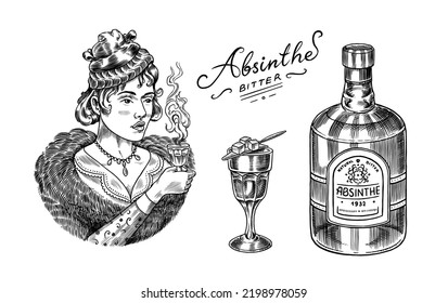 Absinthe label badge. Bottle and Shot glass. Victorian woman holding a toast drink. Strong Alcohol logo with calligraphic element. Frame for poster banner. Hand drawn engraved lettering for t-shirt.