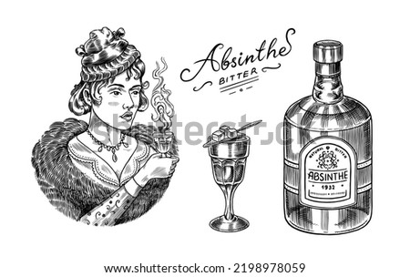 Absinthe label badge. Bottle and Shot glass. Victorian woman holding a toast drink. Strong Alcohol logo with calligraphic element. Frame for poster banner. Hand drawn engraved lettering for t-shirt.