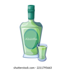 Absinthe In Shot Glass And Green Bottle, Strong Alcohol Drink With Anise, Wormwood And Fennel Flavor Vector Illustration. Cartoon Isolated Absinth Luxury Beverage For Booze Party In Bar Or Pub